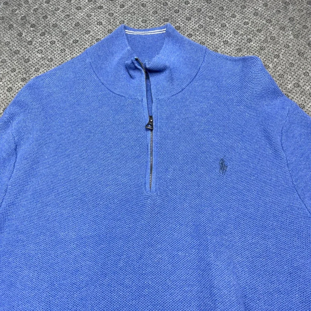 Polo Ralph Lauren Blue Pima Cotton Quarter Zip Sweater Mens XL Pony‎ Logo